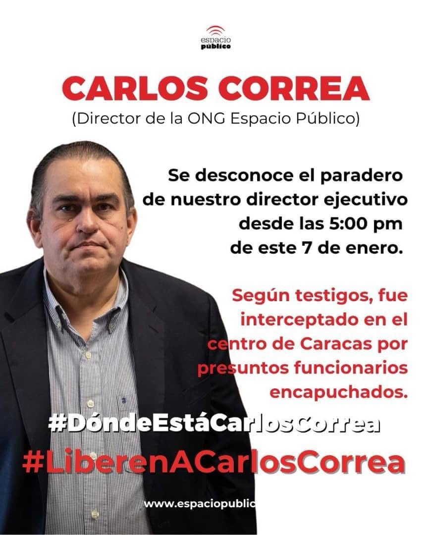 Sinergia, Red Venezolana de OSC (@acsinergia) on Twitter photo Se desconoce el paradero de Carlos Correa <a href="/ccorreab/">Carlos Correa</a> defensor de derechos humanos, director de <a href="/espaciopublico/">Espacio Público</a> desde las 5 pm de este #7Enero
#DondeEstáCarlosCorrea #LiberenACarlosCorrea Se desconoce el paradero de Carlos Correa <a href="/ccorreab/">Carlos Correa</a> defensor de derechos humanos, director de <a href="/espaciopublico/">Espacio Público</a> desde las 5 pm de este #7Enero
#DondeEstáCarlosCorrea #LiberenACarlosCorrea