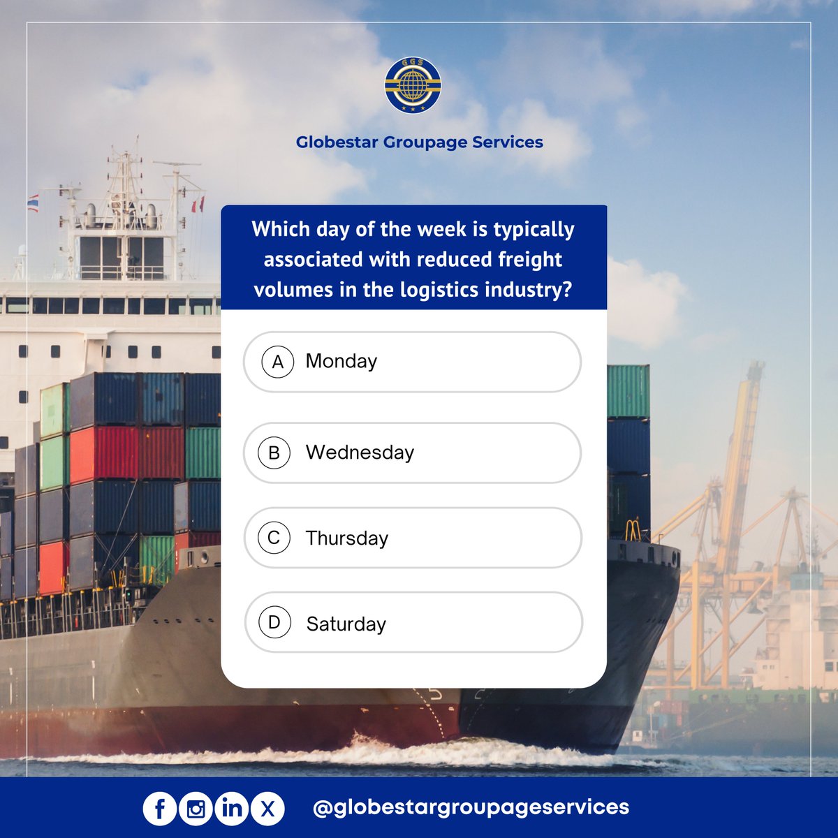 globestartweets's tweet image. Quiz time! 🚢💡 

In the logistics industry, certain days of the week see reduced freight volumes. Can you guess the correct answer? Drop your thoughts in the comments! 🧐👇

#GGS #LogisticsTrivia #FreightFacts #ShippingIndustry #GlobalLogistics #SupplyChainSolutions