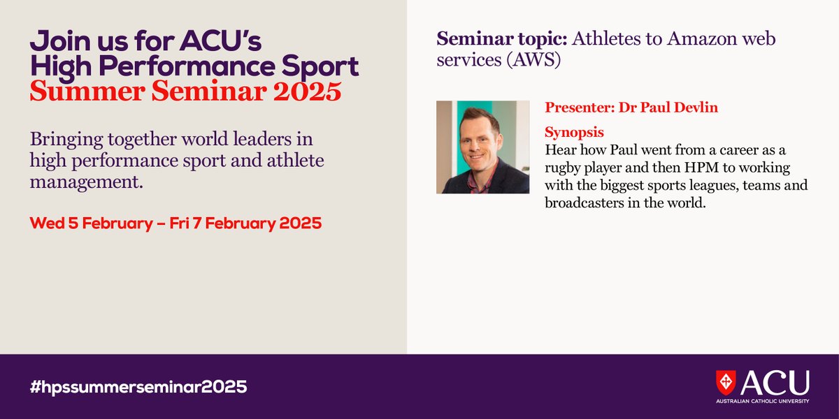We will conclude Day 1 with Dr Paul Devlin, hear him unpack how he progressed from a career in sport to one of the biggest companies in the world at Amazon Web Services (AWS). To register visit acu.edu.au/hpssummersemin…