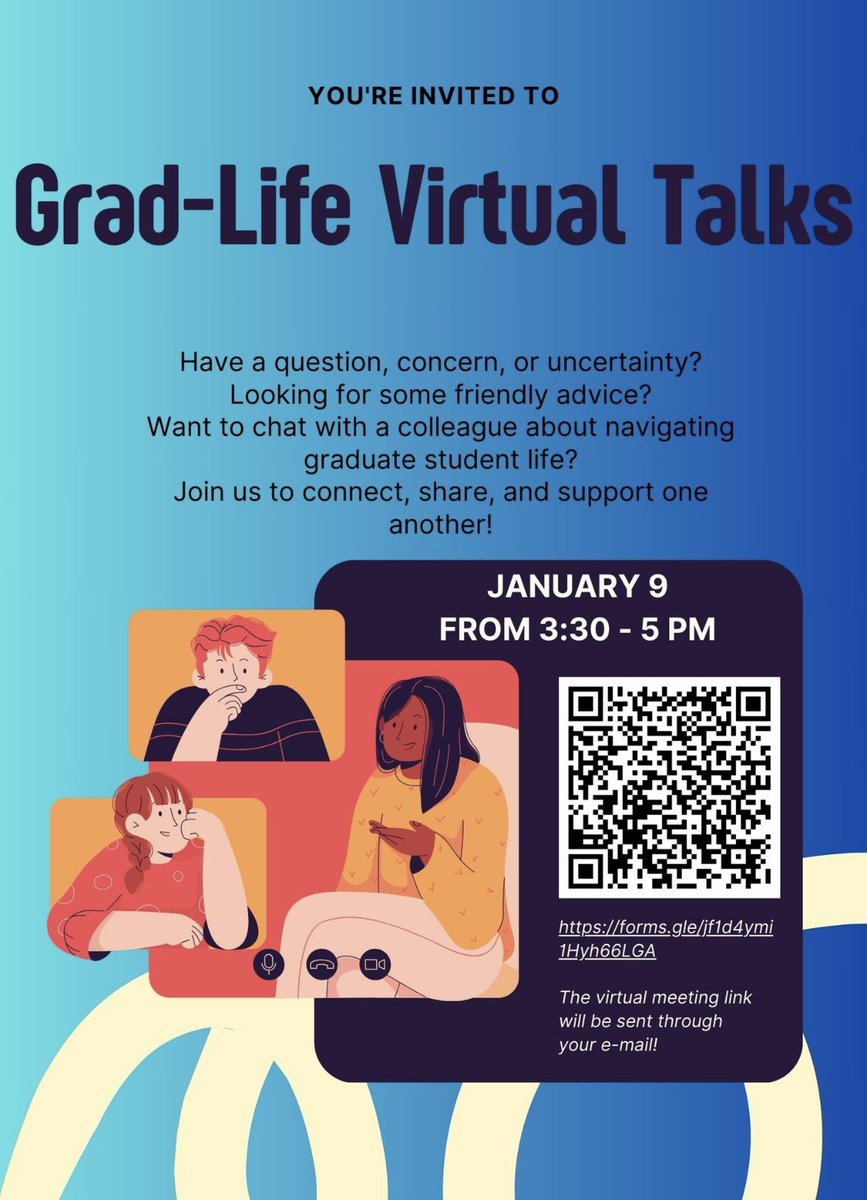 ygse_yu's tweet photo. Please join our Grad-Life Virtual Talk on Thursday, January 9th, from 3:30 - 5:00 PM on Zoom.  

Don't forget to sign up (https://t.co/1cxcqf8n7m)

We look forward to seeing you virtually on January 9th! https://t.co/k9hAPJX1RR