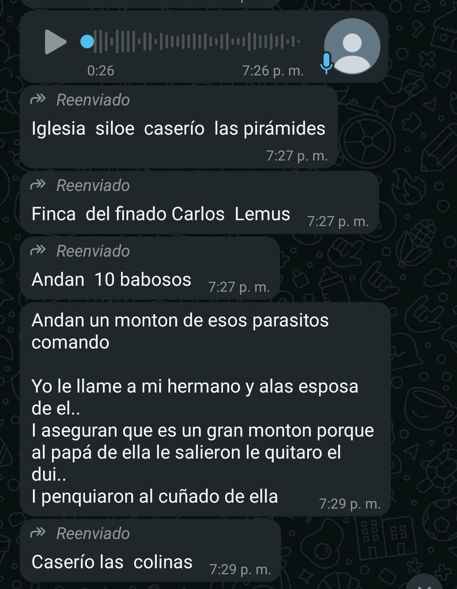 DENUNCIA CIUDADANA Iglesia Siloe Cacerio las Piramides 
Finca Del Finado Carlos Lemus 
Entre esos dos cacerios se mantienen un grupo de 10 pandilleros o mas bien armados no hay presencia de las autoridades 
Esto es en el distrito de Tacuba Ahuachapan. <a href="/FUERZARMADASV/">FUERZA ARMADA</a> <a href="/Vi11atoro/">Gustavo Villatoro 🇸🇻</a>