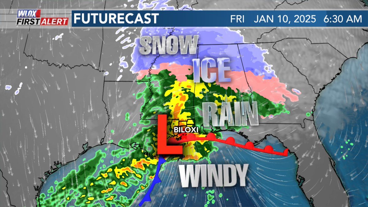 Nasty morning along the MS Gulf Coast Friday. Heavy rain, strong winds, minor coastal flooding depending on where low tracks. #mswx <a href="/WLOX/">WLOX</a>