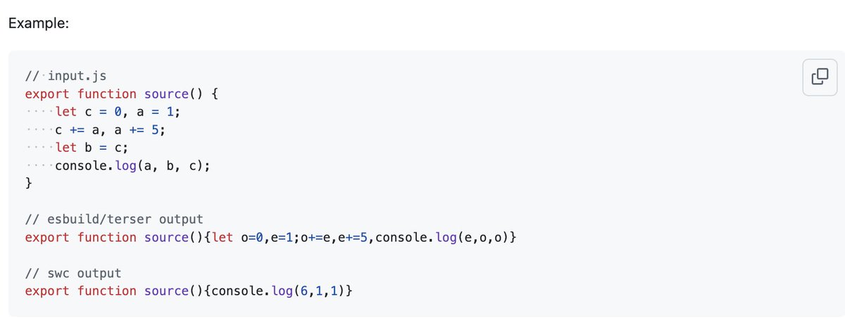 kdy1dev's tweet image. Just FYI, @swc_rs has a good ECMAScript minifier.