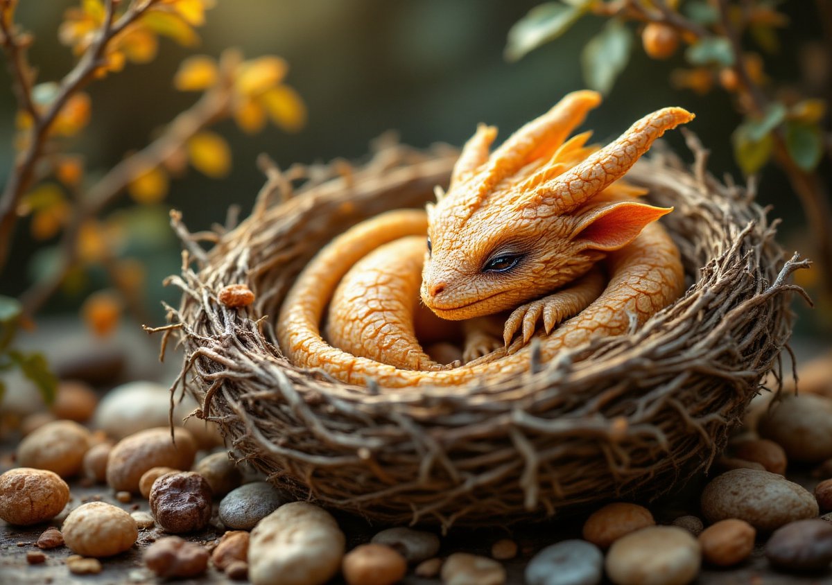 PromptSin's tweet image. Just hatched! 🐉✨ Check out this adorable dragon in its cozy nest! #AIArt #DigitalArt #FantasyCreatures #DragonArt