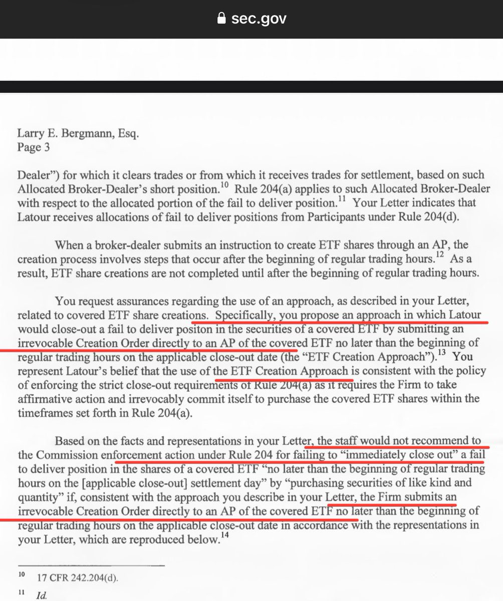 trvsrdrgz2's tweet image. There it fuckn is 🔥 $AMC $GME 

Market maker “latour trading” requested relief of FTD close out obligations 

By Submitting a “irrevocable creation order” to an “AP” of an ETF before trading hours of the Close out requirement date. 

Meaning market makers can fulfill FTD…