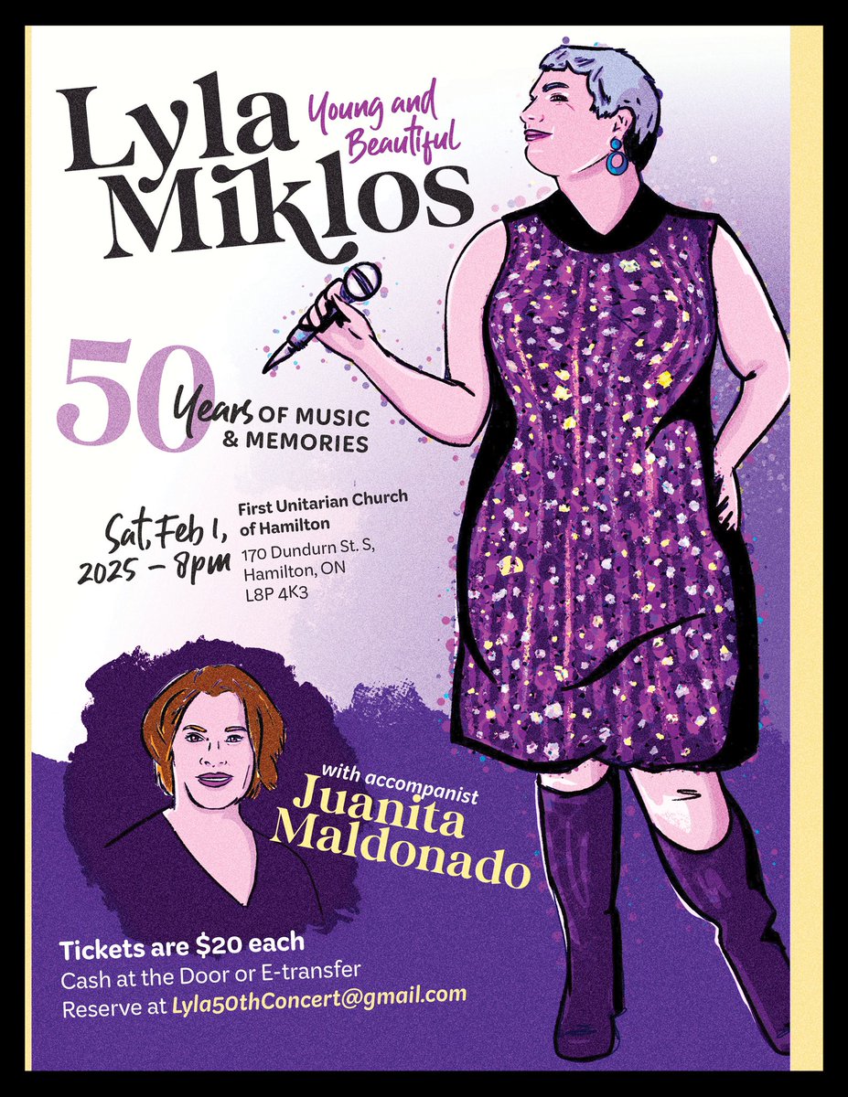 Join me and Juanita Maldonado for “Lyla Miklos: Young &amp; Beautiful - 50 Years of Music &amp; Memories” at The First Unitarian Church of Hamilton on Sat, Feb 1, 2025 at 8pm. 

Tickets are $20. 

Email lyla50thconcert@gmail.com to reserve or pay in advance.