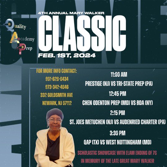 QAcademyprep's tweet image. Feb 1st &amp;amp; 2nd 
NEW JERSEY 

4TH ANNUAL MARY WALKER CLASSIC 

332 GOLDSMITH AVE 
NEWARK, Nj

TEXAS
PENNSYLVANIA 
NEW YORK 
NEW JERSEY 
MARYLAND 

#COACHES
#PROGRESSONLY
#4THANNUALMARYWALKERCLASSIC
#NJHOOPS
📸 @thecircuithoops