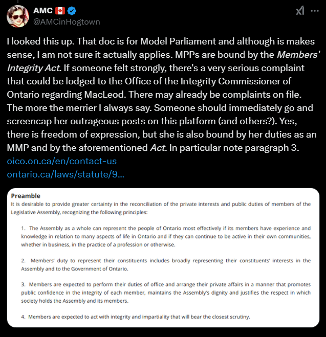 Info for anyone wishing to make a complaint against Lisa MacLeod MPP
x.com/AMCinHogtown/s…