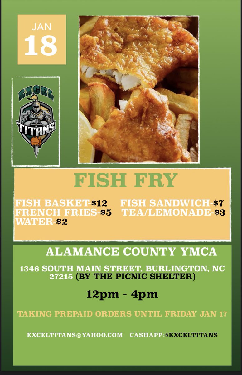 🌊🎉 Exciting news! The Excel Titans’ Fish Fry is on January 18th, and we’re taking preorders until Friday, January 17! 🐟🍴 Don’t miss out on delicious bites and great company! Secure your meal today! 🌟🔥 #FishFry2025 #ExcelTitans #PreorderNow