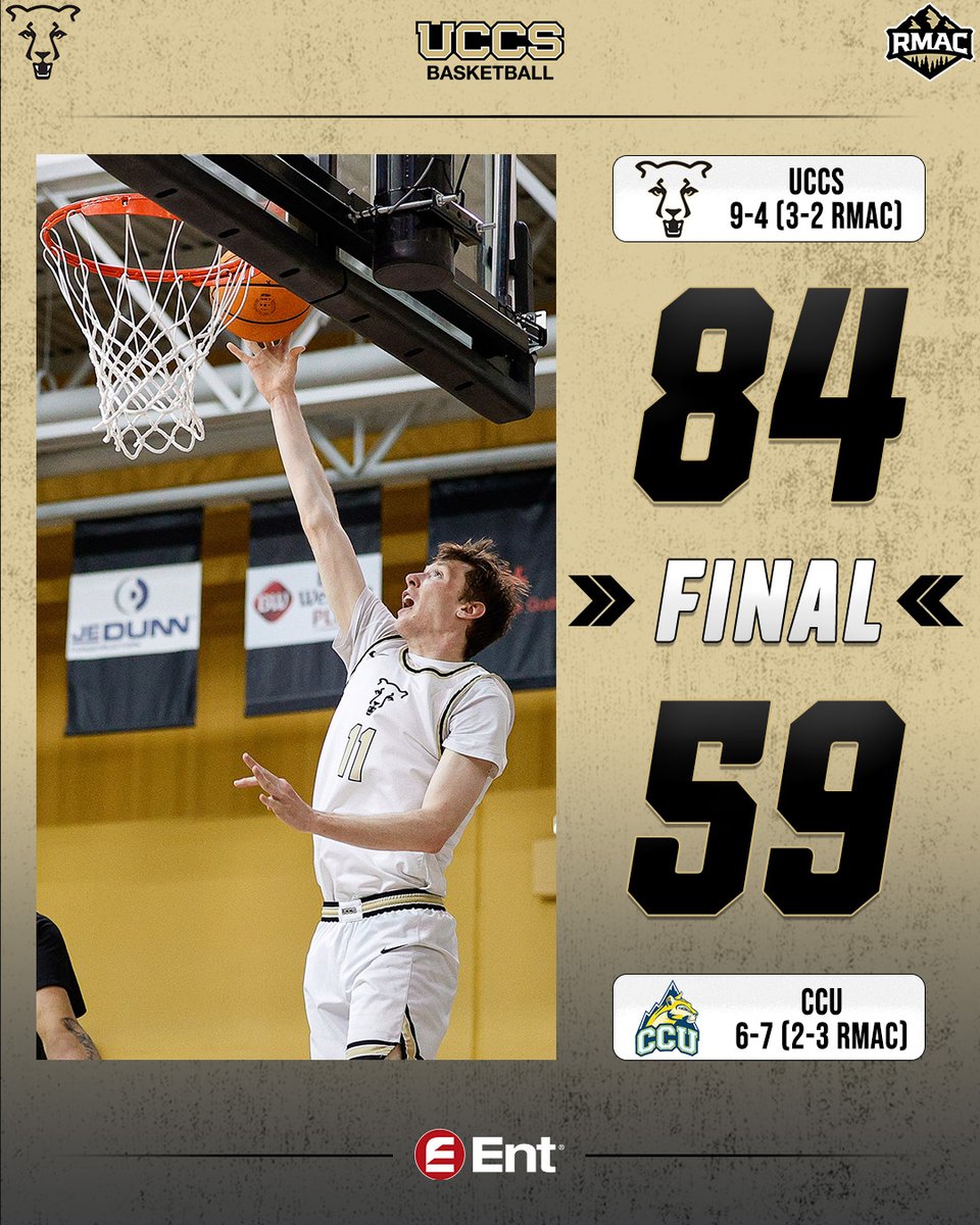 FINAL | UCCS 8️⃣4️⃣, CCU 5️⃣9️⃣

🏀 Martinez: 17 Pts, 3-4 3pt, 5 Ast
🏀 McKenzie: 16 Pts, 3-3 3pt, 4 Reb
🏀 Becker: 12 Pts, 5-5 FG, 8 Reb

🗓️: We're back in Gallogly on Saturday at 3 p.m. when we welcome in CSU Pueblo to open the spring home schedule!

#GoMountainLions #RMACmbb
