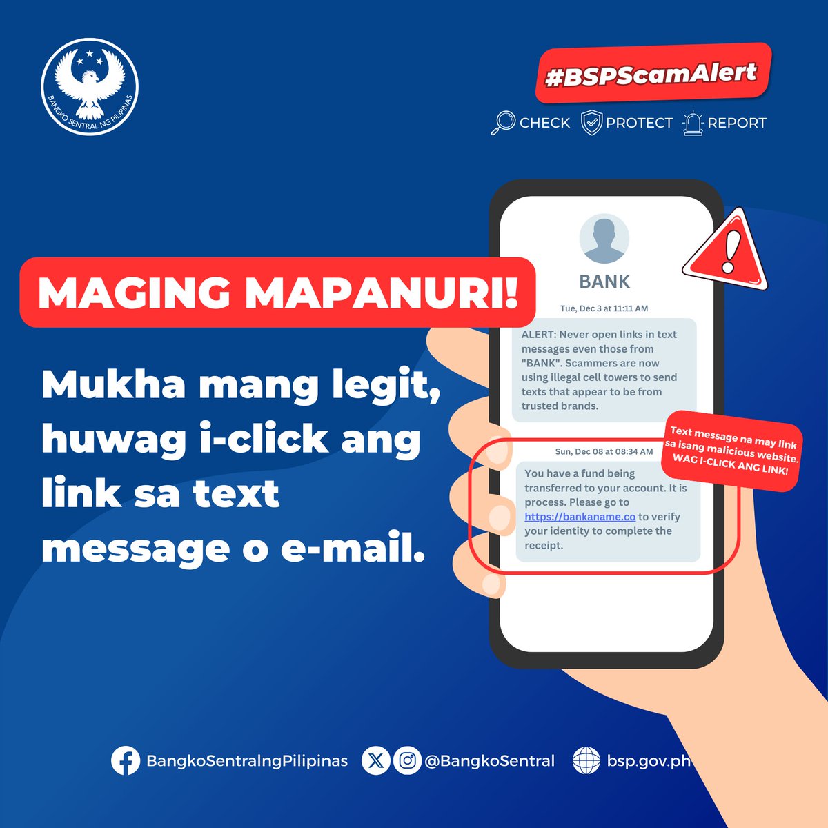BangkoSentral's tweet photo. #BSPScamAlert PAALALA mula sa Bangko Sentral ng Pilipinas (BSP): Hindi kailanman magpapadala ng link sa pamamagitan ng text, e-mail, at iba pang messaging app ang mga bangko at e-money issuers. https://t.co/rAiHLVkDZc