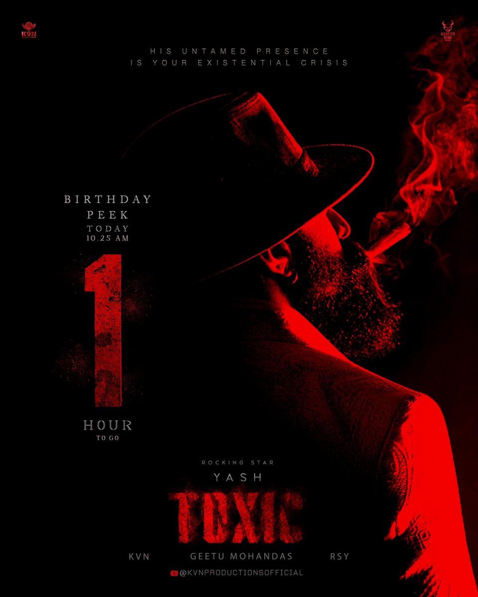 IamRaveendraTH's tweet photo. Wishing the One and Only Rocking Star #Yash Sir a very very Happy BirthdaY

 alert: 1 hour to go! 🔥
#ToxicBirthdayPeek 

- https://t.co/ovH1IO5Sf3… 

#TOXIC #TOXICTheMovie 
@TheNameIsYash #GeetuMohandas @KVNProductions #MonsterMindCreations @Toxic_themovie https://t.co/qYzm4tflCF