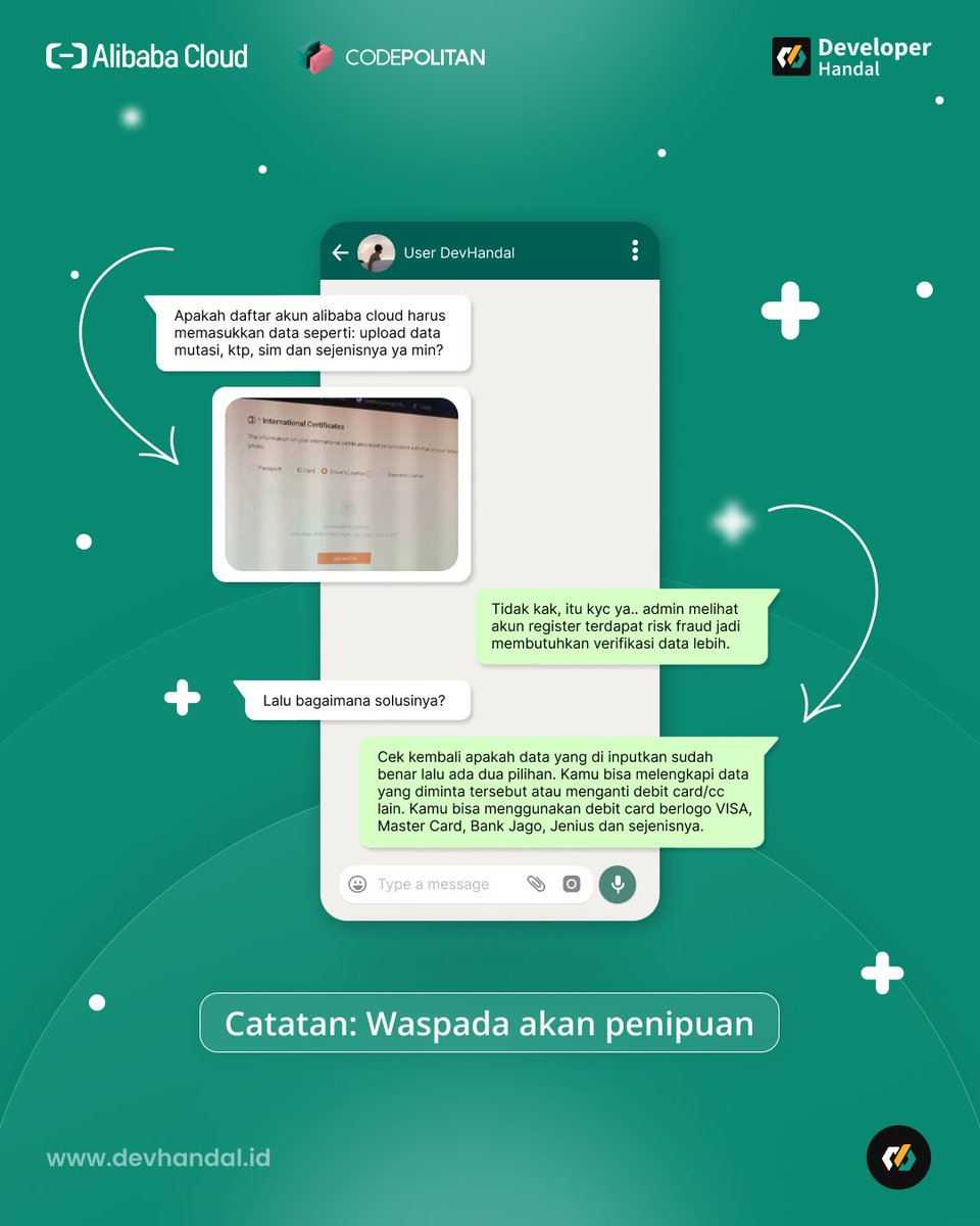 CodePolitan's tweet image. ⚠Waspada Penipuan⚠
Kami tidak meminta untuk peserta membayar sedikitpun dalam proses pendaftaran Beasiswa DevHandal, Adapun ada beberapa kendala yang dihadapi, segera informasikan melalui grup telegram atau DM admin!
#Fraud #KendalaRegistrasi #AlibabaCloud #BeasiswaDevHandal