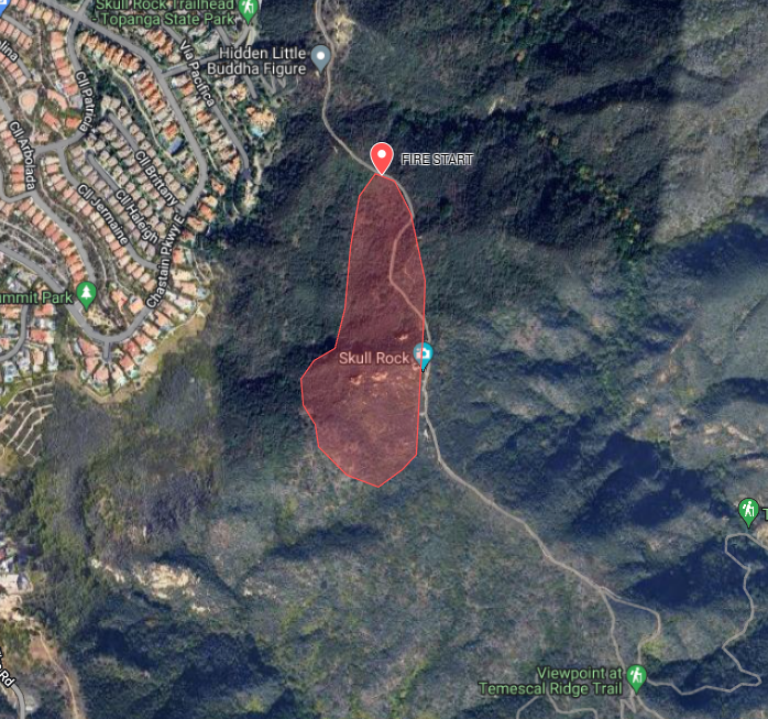 Dillonshrop06's tweet photo. Sentinel 2 satellite imagery taken ~20 minutes after the #PalisadesFire suggests the fire started along the Temescal Ridge Trail.  

Start was at: 34.07393, -118.54363  

The time of start was about 10:26am PT

Was definitely started by a hiker. https://t.co/6zkk6sAGJa