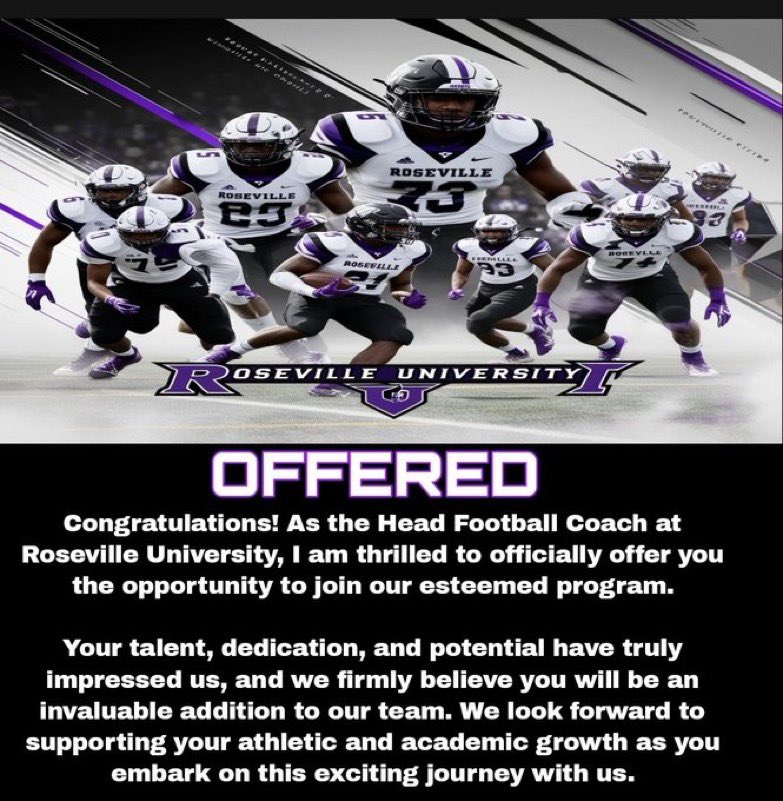 After a great conversation with <a href="/Rosevillelions1/">Roseville University</a> I’m blessed to say I received my first offer ‼️‼️ <a href="/XSantikham/">Coach Santikham</a> <a href="/Coach_Grissett/">Coach Rashad Grissett</a> <a href="/RRCRFootball/">Cedar Ridge Football</a>