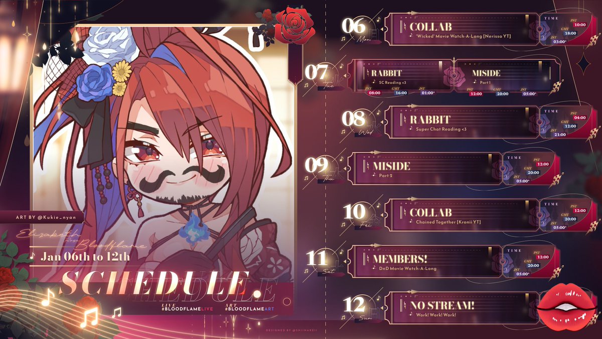 ERBloodflame's tweet photo. 💄 6th Jan - 12th 💄
🐰🦍
🌹#BFKingdom [General]
🌹Rosarians of The Bloodflame Kingdom [Fan Name]
🔴#BloodflameLive [Streaming]
🎨#BloodflameArt [Art]
🛡️#BloodflameShield [Kingdom Shield]
🎬 #BloodflameClips [Clips/Edits]
🎵#BloodflameTunes [Music]
🖼️#BloodflameHub [Assets]
🎭#BloodflameJests [Memes]
👗#BloodflameAttire [Cosplay/Bounding/Fashion]
🦩#BloodflameLingo [Translations]
⚖️#FOURJustice #holoJustice