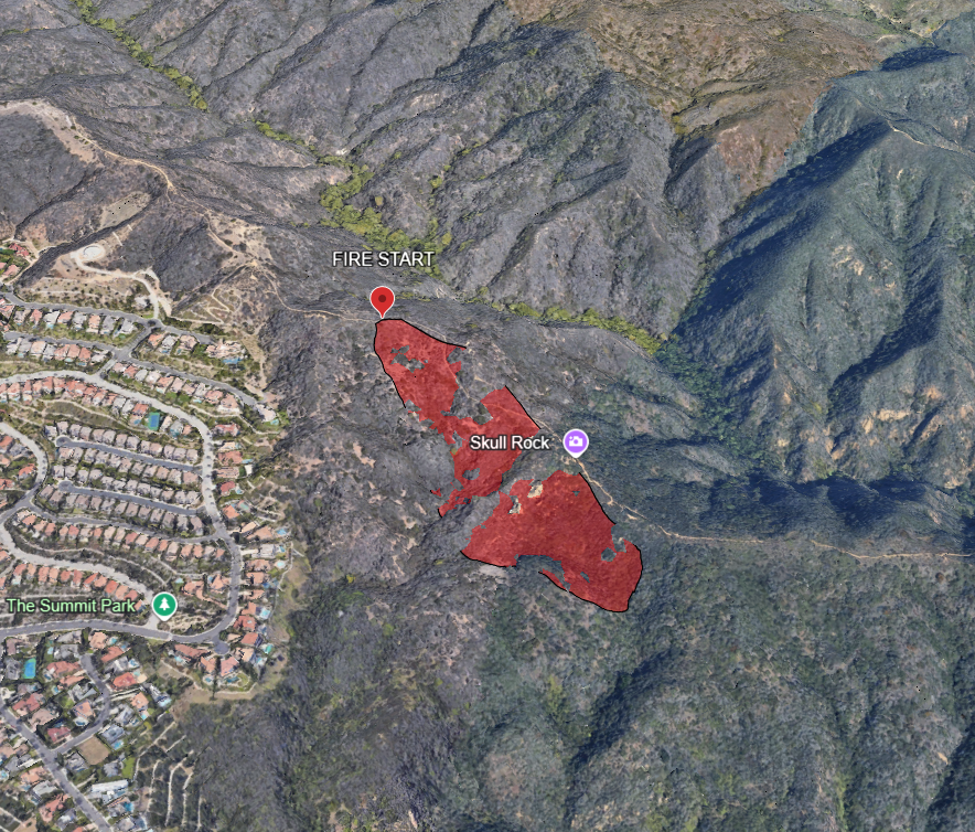 Dillonshrop06's tweet photo. Sentinel 2 satellite imagery taken ~20 minutes after the #PalisadesFire suggests the fire started along the Temescal Ridge Trail.  

Start was at: 34.07393, -118.54363  

The time of start was about 10:26am PT

Was definitely started by a hiker. https://t.co/6zkk6sAGJa