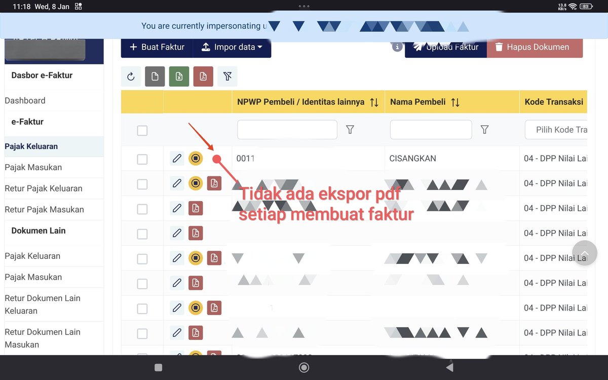 fdlyakb's tweet photo. @kring_pajak min ini kenapa ya tiap upload faktur ga ada ekspor pdf ? Saya harus update lagi biar ada ekspor pdf https://t.co/74lz6l639t