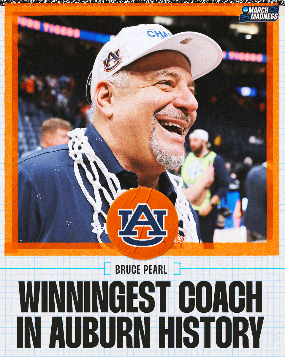 MarchMadnessMBB's tweet photo. Bruce Pearl makes history for Auburn 👏

Checking off a major milestone at the helm for the Tigers 🙌 https://t.co/jhHSi5fevz