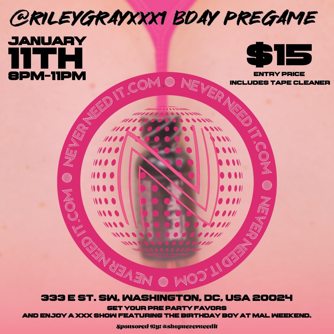 This weekend join <a href="/ShopNeverNeedIt/">NeverNeedit</a> celebrating the birth of one of the biggest sluts we know and love, <a href="/RileyGrayxxx1/">Riley Gray (OF/JFF $7.99) NYC (Aug 25-28)</a> grab your favors at this XXX pre game and catch the birthday in action! #mal2025 #DC