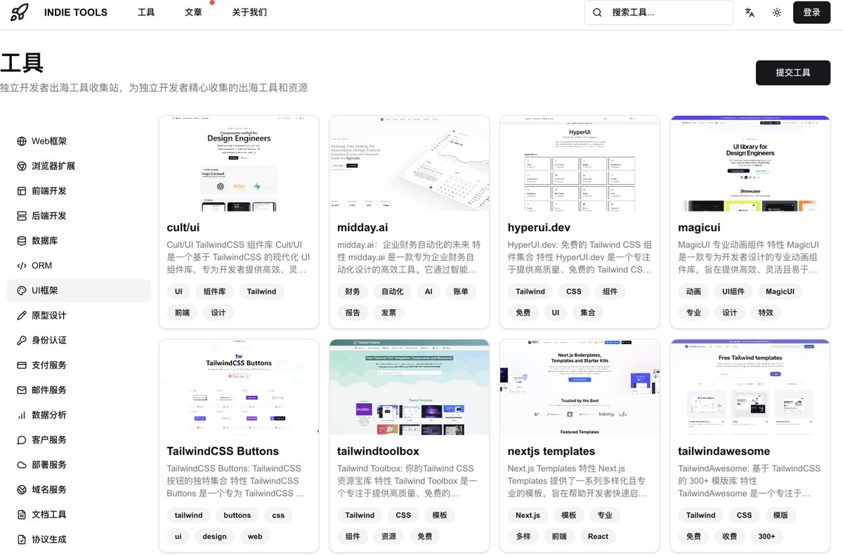 austinit's tweet image. 发现了一个独立开发者出海工具收集站，精心收集的出海工具和资源。

在前后端开发这些板块上太鸡肋了，甚至 web 框架还有 shipfast 这种垃圾。不知道是不是私货。

但是 UI 框架这些，仍然能够提供很多不错的选择，有利于打破信息差。
下面是地址👇

indietools.work