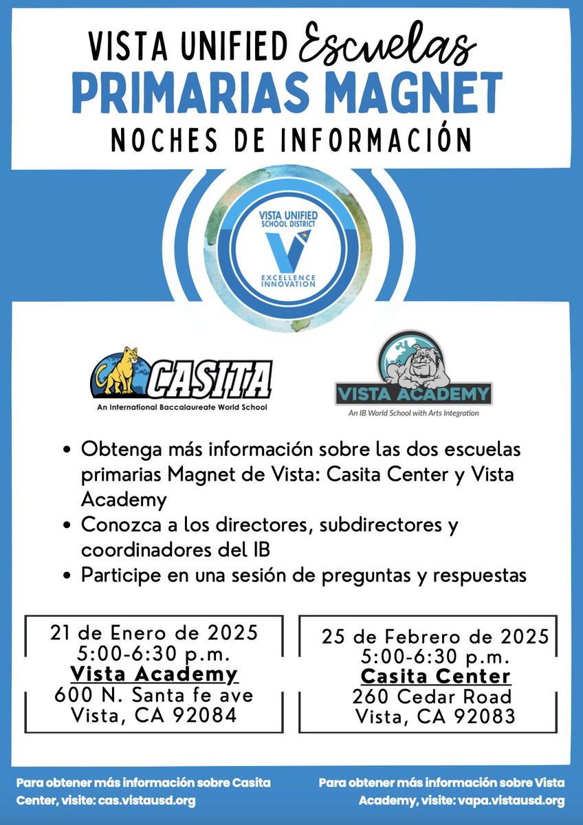 Calling all prospective Casita families! Are you interested in learning more about Casita and meeting our admin team? Join us for one of our VUSD magnet elementary information nights! See flyers for details.