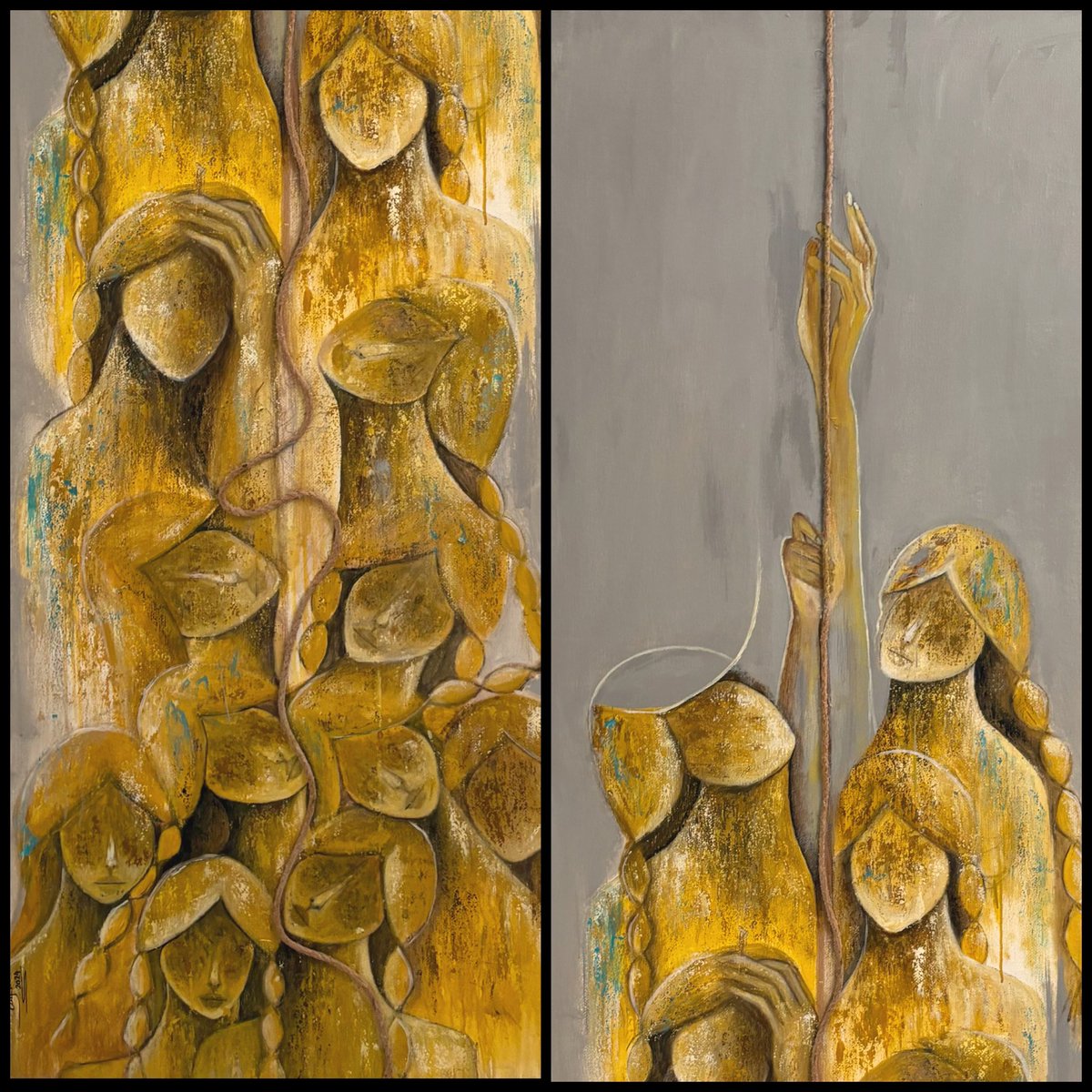 هنا لا أعني الحبل الملموس متعدّد الاستعمالات، بل حَبْلٌ خفيٌّ في حياتي غير مرئي. يكون المرشد والموجّه..
حَبْلٌ أتمسّك به كلما زادت الظلمة في حياتي!
 أتشبث به لانه حَبْلٌ من نوع آخر لا يمكن أن يخذلني أبداً
من أعمالي التي عرضت في اسبوع مسك للفنون 
Acrylic&amp; mixed-media 200*65cm