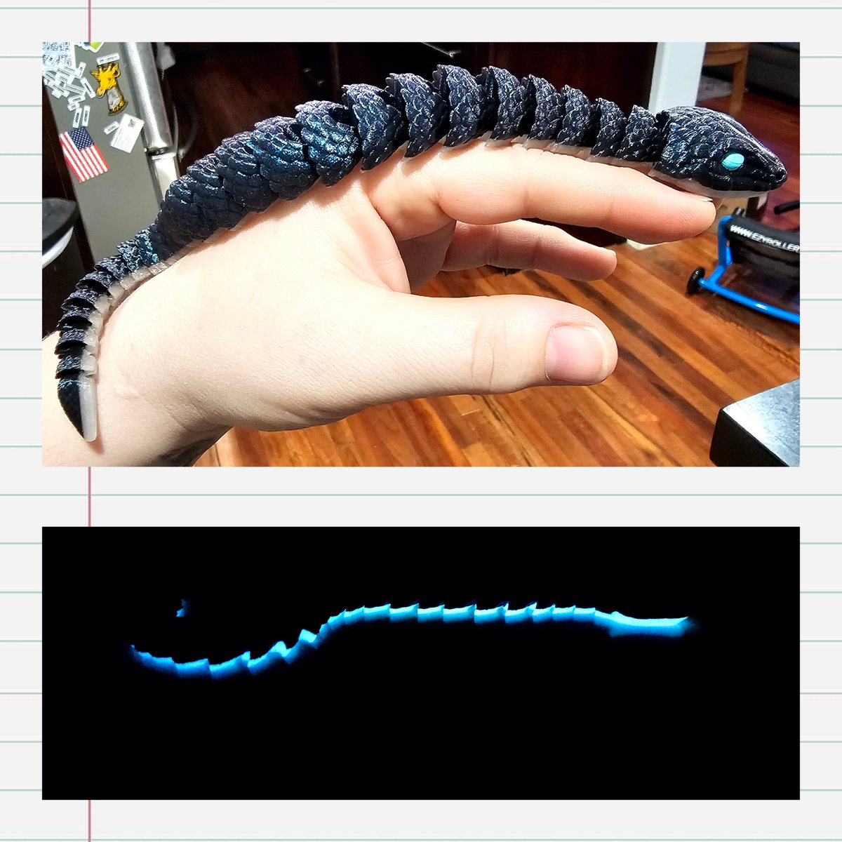 makeitmodit3d's tweet image. Penultimate batches of monkeyshine 🐍! Rainbow glow, metallic rainbow, NY Islanders color snake and dark magic with glow belly