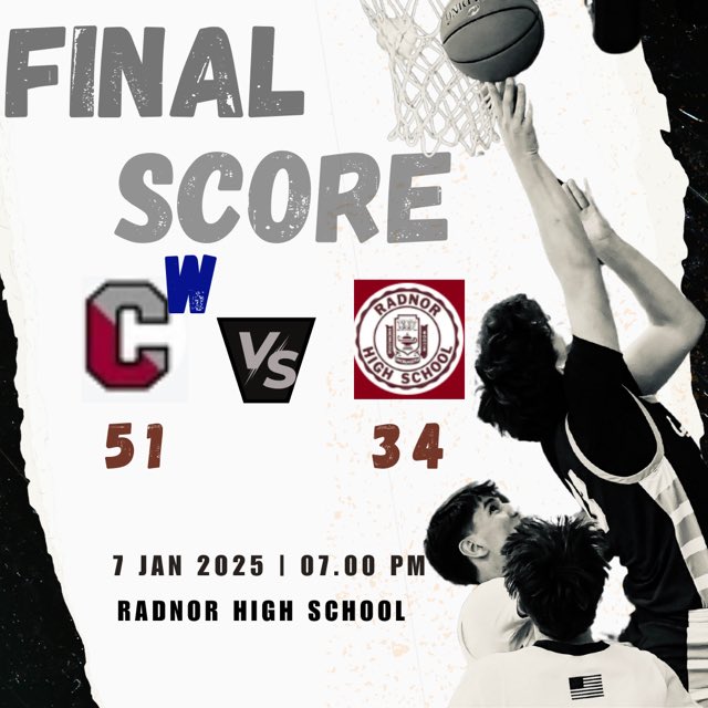 ‼️Conestoga, now 10-1, beat Radnor 51-34. ‼️Undefeated in Central League!

Sam Gibbs 15 pts
Cory Hogan 12 pts 
Ben Robinson 5 pts
Rowan Miller 5 pts
Luke Hunter 5 pts
Sunny Tummala 5 pts
Shane O'Brien 3 pts