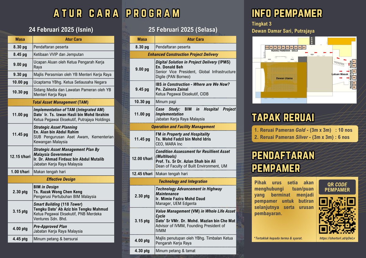 Urus Setia JPAK (@urusetiaj) on Twitter photo 🗓 Tarikh: 24 & 25 Feb 2025
🕒 Masa: 8.30 pagi - 5.00 petang
📍 Tempat: Dewan Damar Sari, Putrajaya
🎤 Dirasmikan oleh: YB Menteri Kerja Raya
💰 Yuran: RM 750
📈 Tempat TERHAD
📜 Sijil Penyertaan disediakan
<a href="/IPJKR_Official/">JKR Malaysia Rasmi</a> <a href="/RoslanisE/">Roslan bin Ismail</a> <a href="/JkrMaria/">Maria Marcus</a> <a href="/bppacpab/">BPPA, CPAB</a> <a href="/mdbppa/">IrMD</a> <a href="/IrDrAFirdauz/">IrDrAhmadFirdauz</a> 🗓 Tarikh: 24 & 25 Feb 2025
🕒 Masa: 8.30 pagi - 5.00 petang
📍 Tempat: Dewan Damar Sari, Putrajaya
🎤 Dirasmikan oleh: YB Menteri Kerja Raya
💰 Yuran: RM 750
📈 Tempat TERHAD
📜 Sijil Penyertaan disediakan
<a href="/IPJKR_Official/">JKR Malaysia Rasmi</a> <a href="/RoslanisE/">Roslan bin Ismail</a> <a href="/JkrMaria/">Maria Marcus</a> <a href="/bppacpab/">BPPA, CPAB</a> <a href="/mdbppa/">IrMD</a> <a href="/IrDrAFirdauz/">IrDrAhmadFirdauz</a>