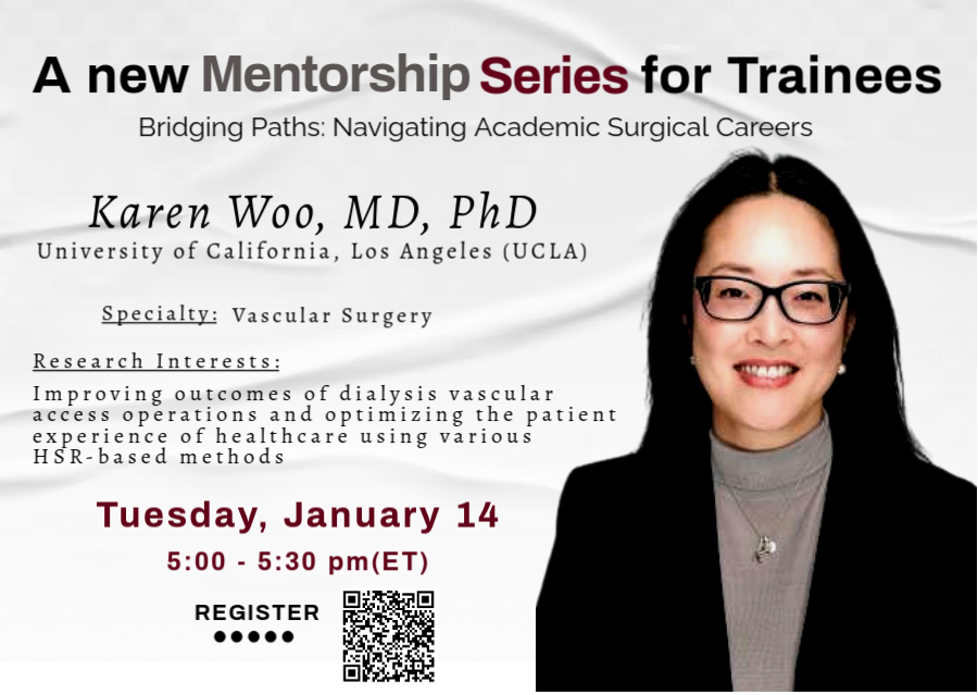 📢The next installment of our resident mentorship series will feature @KarenWooMD next Tuesday, January 14th at 5PM EST! 
Come hear about the career path of a double R01-funded vascular surgeon 🔪🩸🔬
Registration is open to SOC members ⤵️
umich.zoom.us/webinar/regist…
