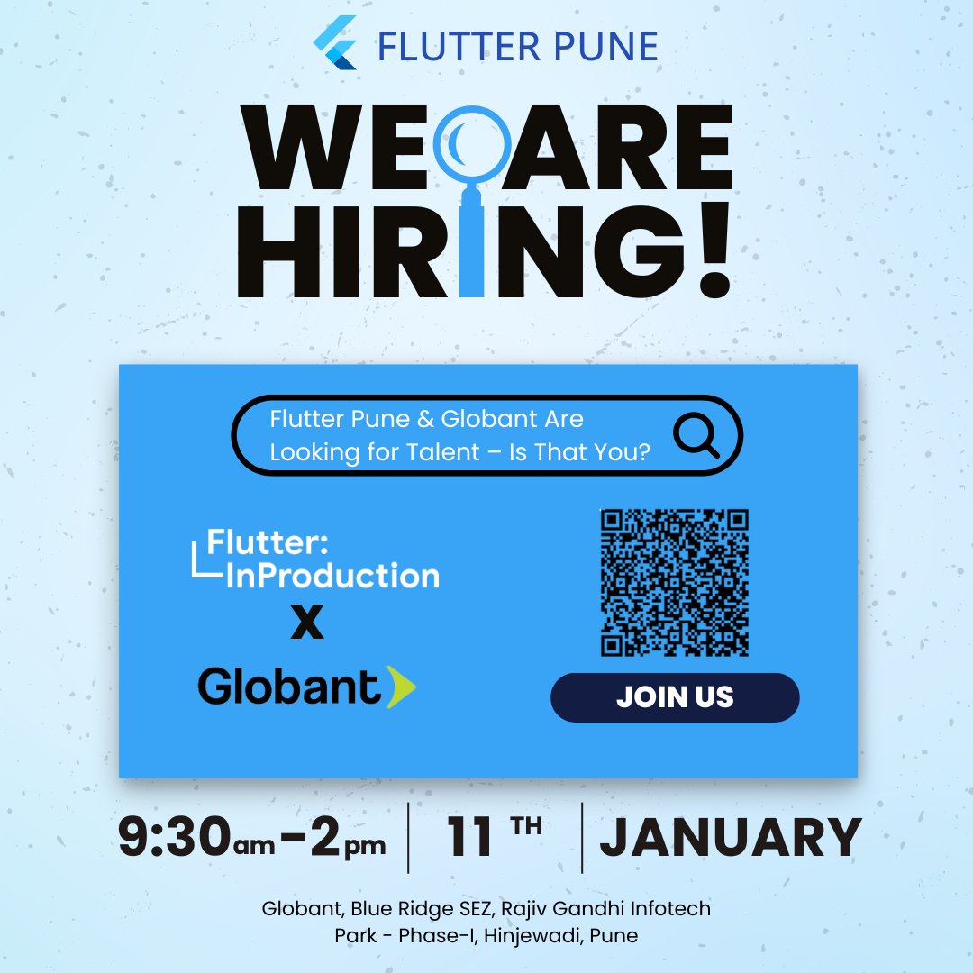 flutterpune's tweet image. Flutter Pune in Collaboration with @Globant  is back with Hiring Drive at #flutterinproduction event which will be conducted on 11th January from 9 am to 2 pm. 

Only Limited seats are pending. 

Register here bit.ly/3BU8qFh

@FlutterDev @GoogleIndia 
#flutter #dart