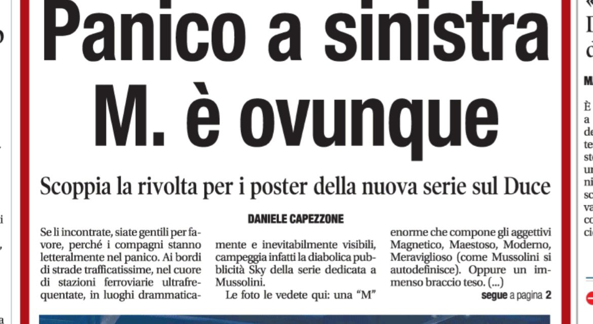 Capezzone's tweet photo. Ecco la prima di oggi di @libero_official

PANICO A SINISTRA. M E' OVUNQUE

Mio commento. Cortocircuito che innesca la crisi isterica. Mussolini e il fascismo come ossessione. Cari compagni, più cercate di respingerlo, e più vi attrae. Più tentate di renderlo repellente, e più vi eccita. E ora vi rimbalza addosso da tutte le parti: in video e pure nelle pubblicità. Non ve ne libererete.