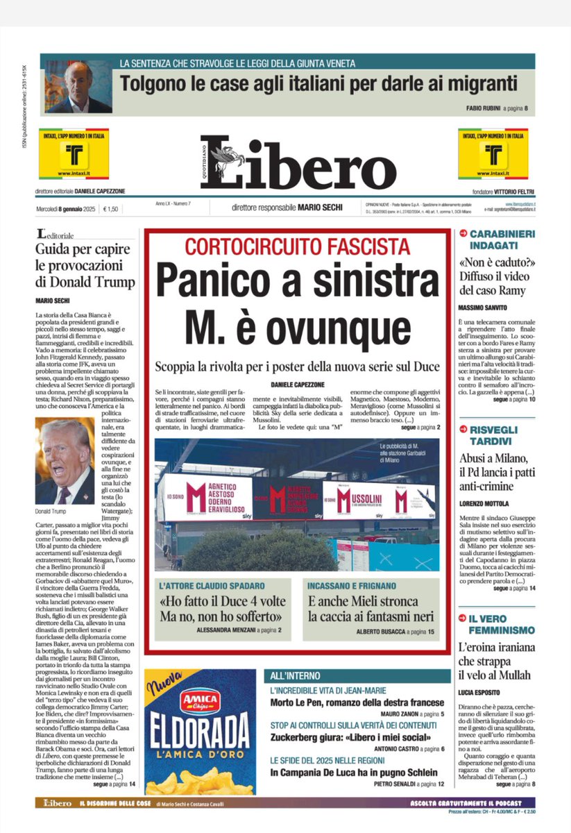 Capezzone's tweet photo. Ecco la prima di oggi di @libero_official

PANICO A SINISTRA. M E' OVUNQUE

Mio commento. Cortocircuito che innesca la crisi isterica. Mussolini e il fascismo come ossessione. Cari compagni, più cercate di respingerlo, e più vi attrae. Più tentate di renderlo repellente, e più vi eccita. E ora vi rimbalza addosso da tutte le parti: in video e pure nelle pubblicità. Non ve ne libererete.