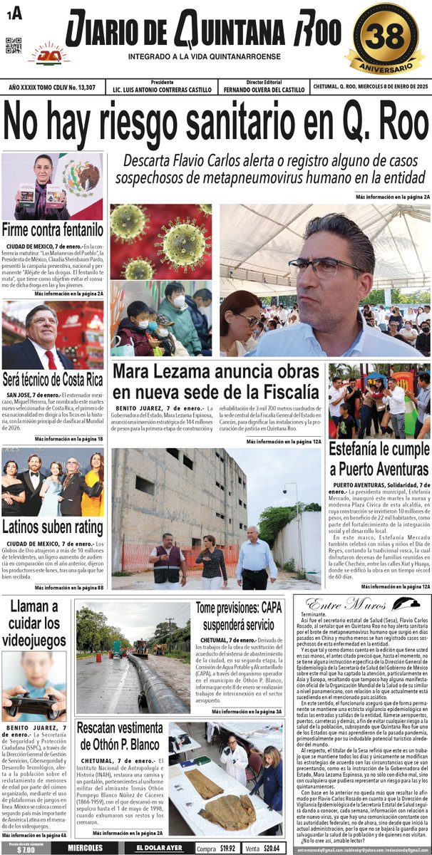 DQROO's tweet photo. #DiarioDeQuintanaRoo
**PORTADAS 8 de ENERO**
#DQR #DQRInforma #Enterate https://t.co/Whl0CV5oRw