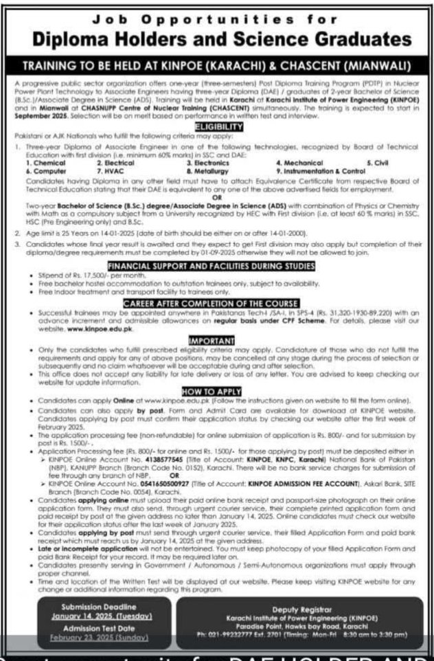 PETC_Technology's tweet image. Training cum Job Opportunities for Diploma of Associate Engineers (DAE) and 14 years BSc or AD Physics Maths Science holders.