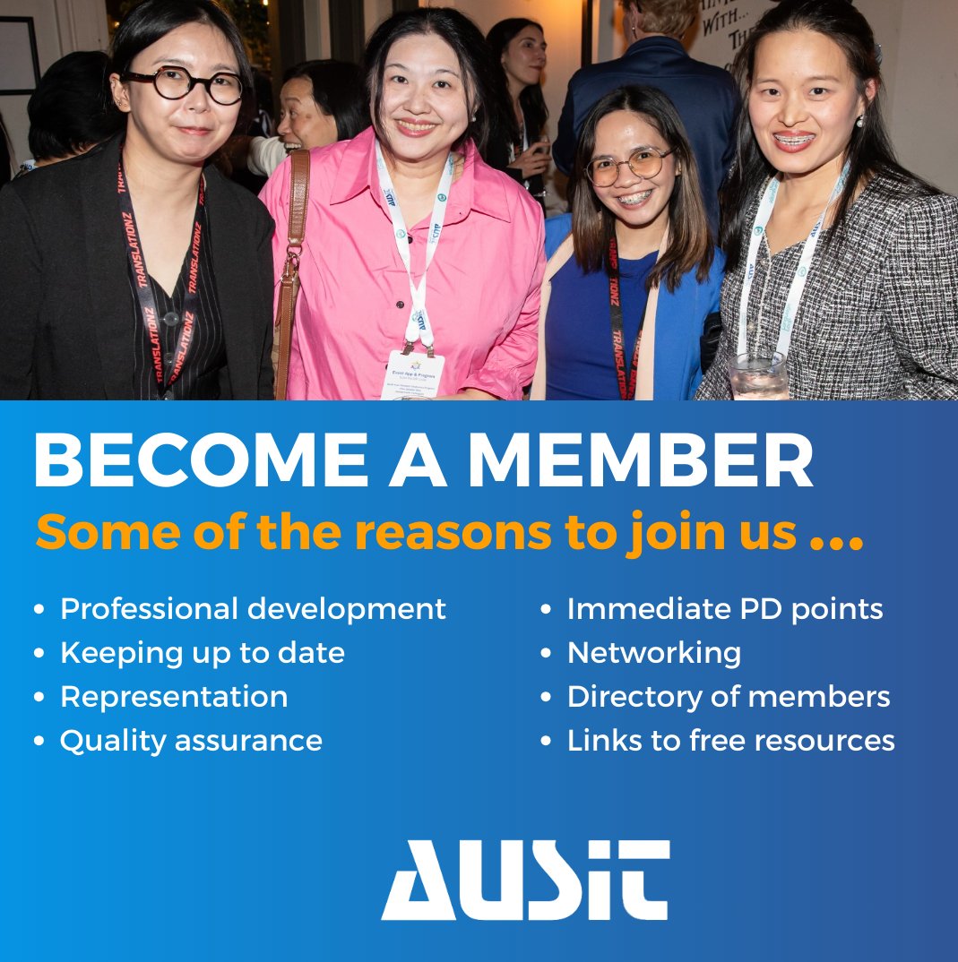 AUSIT_TI's tweet photo. Are you a translator or interpreter and need support? AUSIT offers resources, professional development and networking opportunities. Learn more about the benefits of being an AUSIT member here: https://t.co/IPOMKdFyUl #TranslationSupport #InterpreterResources #AUSIT https://t.co/sMjxnP6RPl