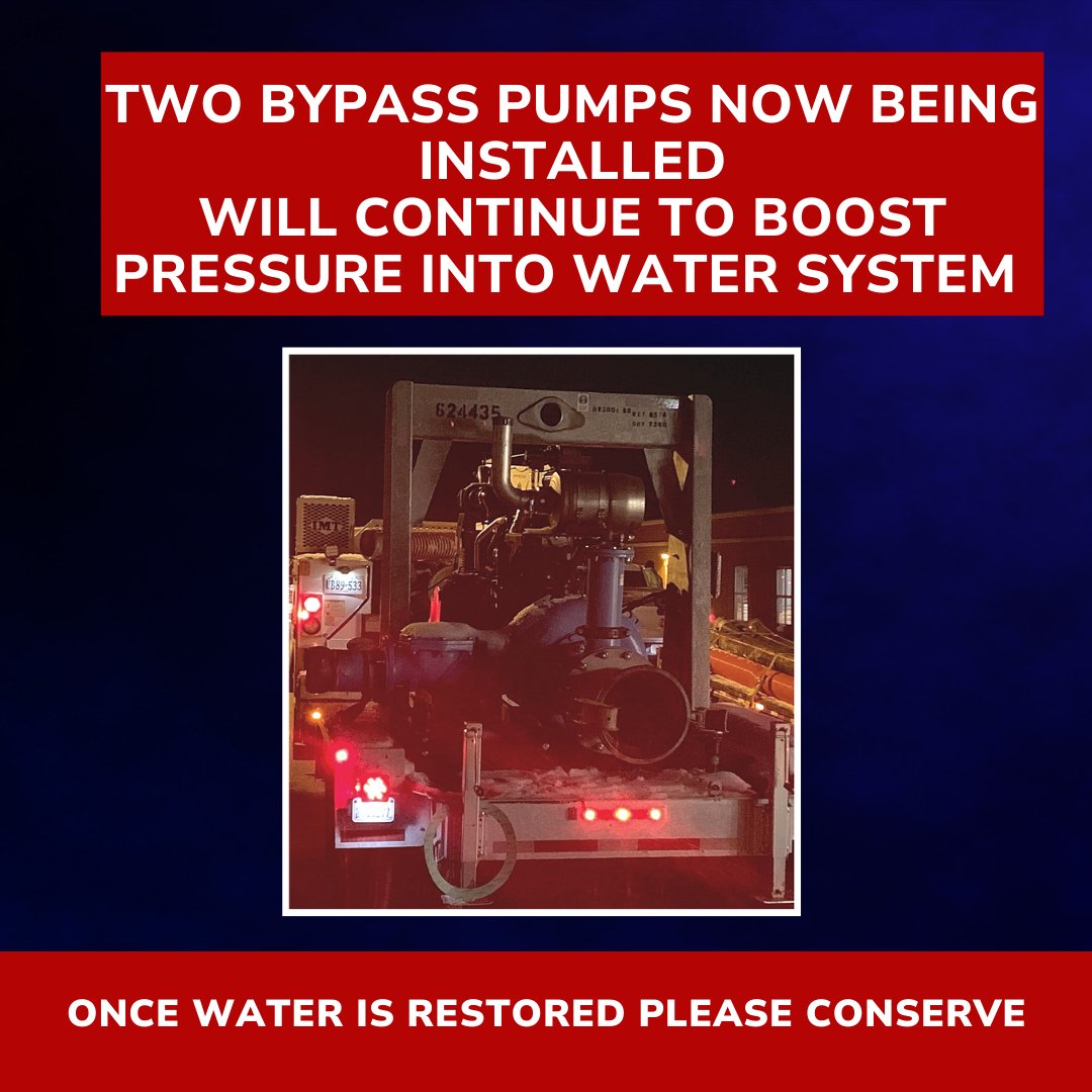 🚰 Water Restoration Update (Jan. 8, 2025, 5:30 a.m.):

✅ Two Bypass Pumps are being installed at the Richmond Water Treatment Plant to boost pressure to "Plant 2." As filters come online, water pressure will increase.