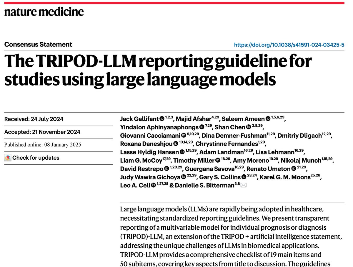 TRIPODStatement (@tripodstatement) on Twitter photo We have a NEW PAPER in <a href="/NatureMedicine/">Nature Medicine</a> on reporting recommendations for addressing the unique challenges of #largelanguagemodels (LLMs) in biomedical applications
nature.com/articles/s4159…
#StatsTwitter #MedTwitter #artificialintelligence
#generativeAI #transparency We have a NEW PAPER in <a href="/NatureMedicine/">Nature Medicine</a> on reporting recommendations for addressing the unique challenges of #largelanguagemodels (LLMs) in biomedical applications
nature.com/articles/s4159…
#StatsTwitter #MedTwitter #artificialintelligence
#generativeAI #transparency