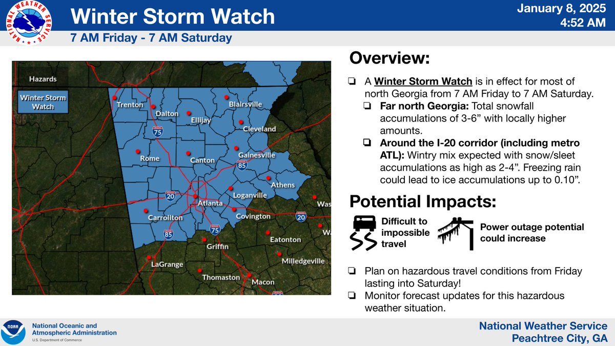 NWSAtlanta's tweet image. 🚨5 AM Wednesday (1/8) Update🚨
❄️A Winter Storm Watch has been issued for most of north GA from 7 AM Friday to 7 AM Saturday. 
⚠️Expect significant accumulations of snow, sleet, and freezing rain that will lead to hazardous travel conditions! #gawx