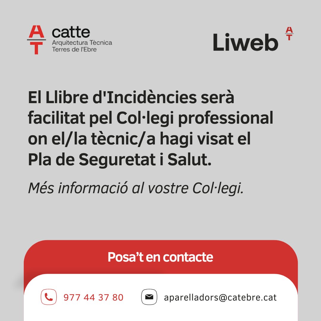 📗🏗️ Llibre d'incidències, Arquitectura Tècnica de Catalunya 

Posa't en contacte:
📩 aparelladors@catebre.cat
☎️ 977443780

#CATTE #ArquitecturaTècnica #TerresdelEbre #LlibreIncidències #ArquitecturaTècnicaCatalunya #Seguretat #Salut #Obres #Construcció #EnginyeriaCivil #LiWeb