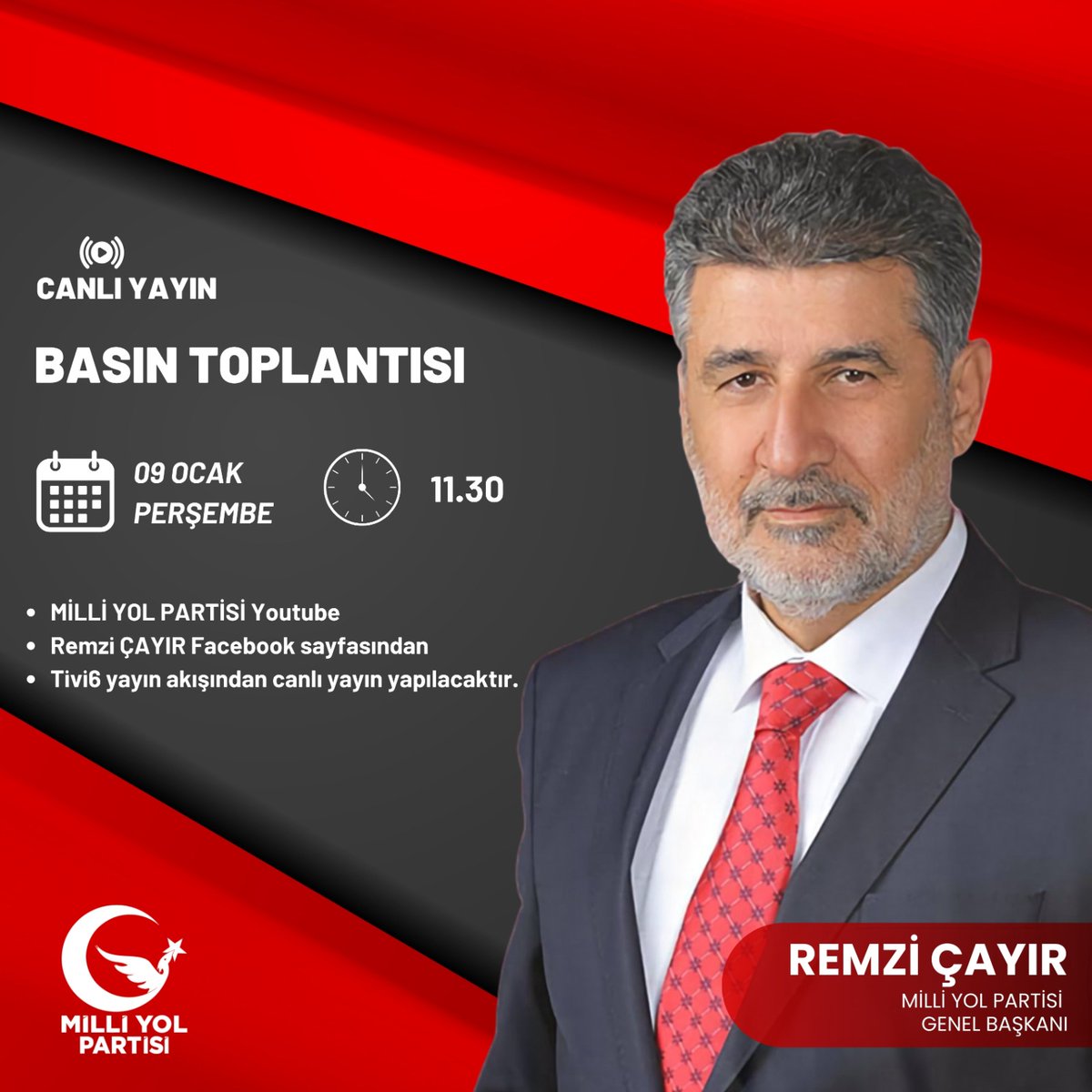 9 Ocak perşembe günü ( yarın ) saat: 11:30’da parti genel merkezinde düzenleyeceğimiz basın toplantısı ile ülke ve dünya gündemine ilişkin önemli açıklamalarda bulunacağız.