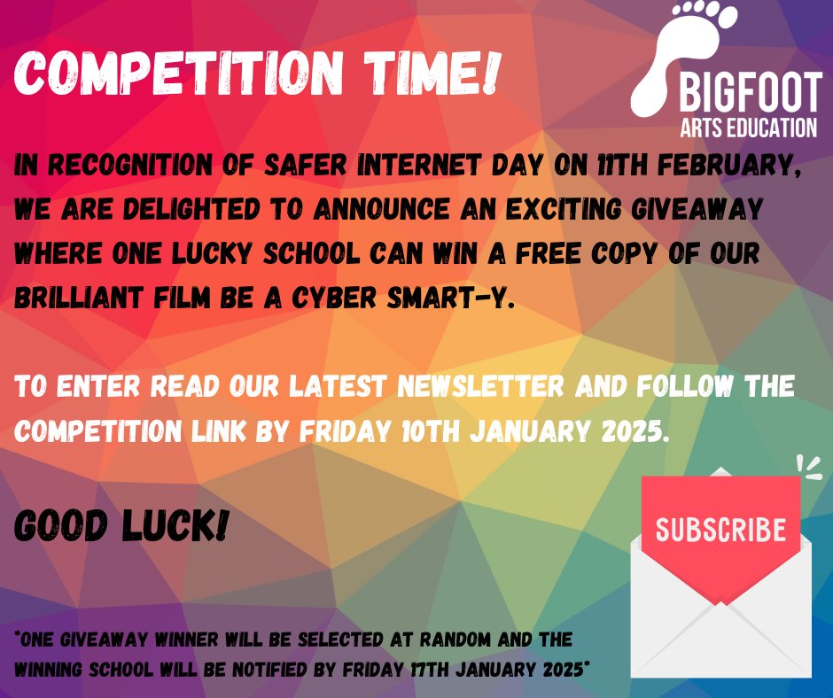 !!!SAFER INTERNET DAY FILM GIVEAWAY!!!  There's only a few days left to enter by subscribing to our newsletter and following the link: mailchi.mp/bigfootartsedu…

#schoolcompetition #Competition #freeresource #filmoffer #saferinternetday2025