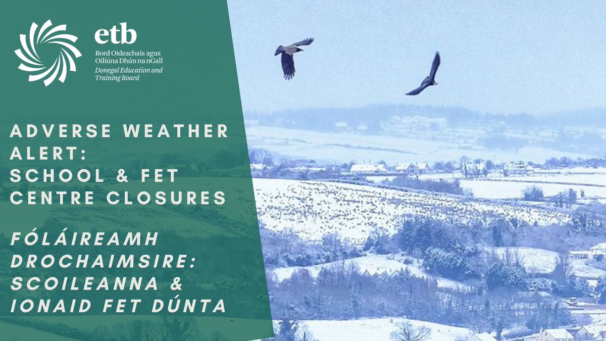 Due to the current adverse weather conditions, the following schools and Further Education and Training (FET) Centres are closed today: 
- Schools:<a href="/cranacollege/">Crana College</a> @CCE_Buncrana <a href="/movillecc/">MovilleCC</a> <a href="/DeeleCollege/">Deele College</a>
- FET Centres: <a href="/DonegalYR/">Donegal Youthreach 🇮🇪🇪🇺</a> (Buncrana &amp; Glengad) Stay safe!  ❄️❄️
#WeAreDonegalETB