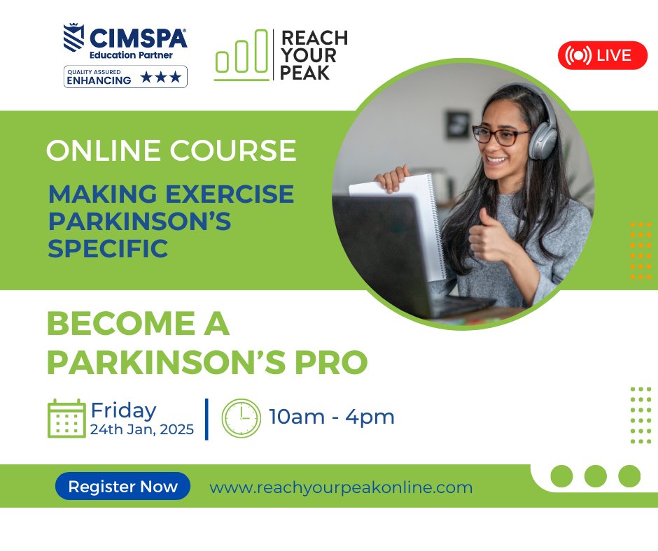🎓 Are You Ready to Make a Difference? 🌟

Learn how to design Parkinson's-specific exercise programs that truly transform lives!

📅 Date: 24th January 2025
⏰ Time: 10am - 4pm (Live Online)
✅ CIMSPA-Accredited

📩 Book your place now: reachyourpeakonline.com/professionals