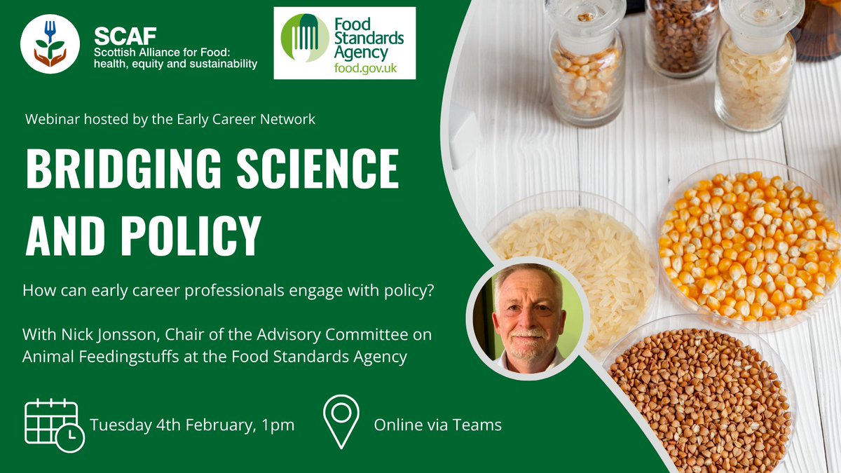 Scottish Alliance for Food (SCAF) (@scaf_arc) on Twitter photo 📢 SCAF webinar! Bridging Science and Policy - how can early career professionals engage with policy?
Join us to hear Prof Nick Jonsson on his work with <a href="/foodgov/">Food Standards Agency</a>, how scientists can engage with the FSA, and the potential benefits of doing so 💡
↪️ bit.ly/3C1vces 📢 SCAF webinar! Bridging Science and Policy - how can early career professionals engage with policy?
Join us to hear Prof Nick Jonsson on his work with <a href="/foodgov/">Food Standards Agency</a>, how scientists can engage with the FSA, and the potential benefits of doing so 💡
↪️ bit.ly/3C1vces