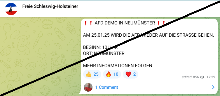 Am 25.1. gibt's möglicherweise Stress in NMS - achtet auf Ankündigungen!

#noafd #FCKNZS #KeinMeterDenNazis #Antifaschismus #Antifa #Antisemitismus #Rassismus