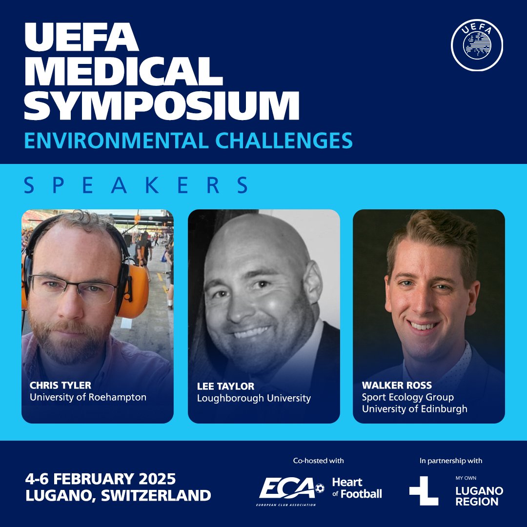 Looking forward to presenting in the Environmental Challenges stream at the 9th <a href="/UEFA/">UEFA</a> Medical Symposium Lugano 🇨🇭 Feb 4–6, 2025 with <a href="/DrLeeTaylor/">Dr Lee Taylor PhD</a> and <a href="/WalkerJRoss/">Walker J. Ross</a>

This year’s focus: the evolution of football medicine in the women’s game. Register bit.ly/3CGlTQR
