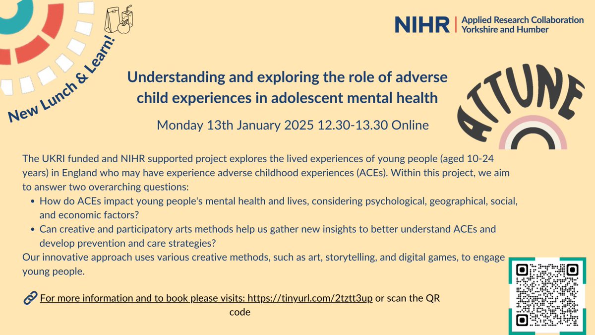ATTUNE Research Project (@attuneproject) on Twitter photo Join <a href="/arc_oxtv/">NIHR ARC Oxford and Thames Valley</a> Lunch & Learn on Jan 13, 2025, 12:30-1:30 PM (Online)!
arc-yh.nihr.ac.uk/events/lunch-l…
<a href="/OxPsychiatry/">Oxford Psychiatry</a> <a href="/UKRI_News/">UK Research and Innovation</a>
#MentalHealth #ACEs #YouthResearch Join <a href="/arc_oxtv/">NIHR ARC Oxford and Thames Valley</a> Lunch & Learn on Jan 13, 2025, 12:30-1:30 PM (Online)!
arc-yh.nihr.ac.uk/events/lunch-l…
<a href="/OxPsychiatry/">Oxford Psychiatry</a> <a href="/UKRI_News/">UK Research and Innovation</a>
#MentalHealth #ACEs #YouthResearch
