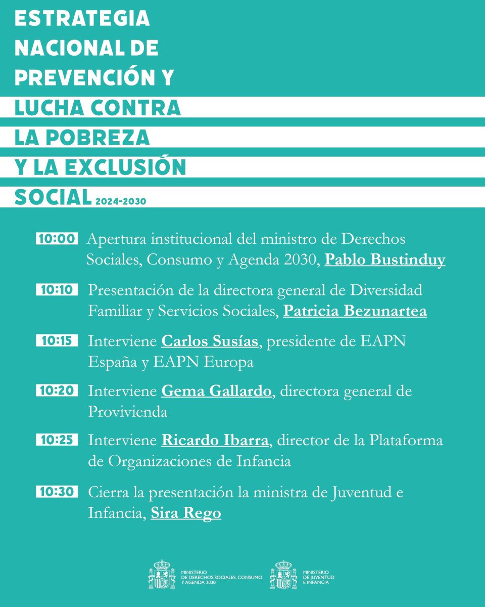 🗓️ Mañana presentamos junto a <a href="/JuventudInfGob/">Ministerio de Juventud e Infancia</a> la nueva Estrategia Nacional de prevención y lucha contra la pobreza y la exclusión social.

📍 En la sede del <a href="/MSocialGob/">Ministerio de Derechos Sociales, Consumo y A2030</a> 
🗓️ Jueves, 9 de enero
⏰ A partir de las 10.00 horas

Dejamos por aquí el programa ⬇️